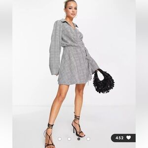 ASOS DESIGN collared wrap mini dress with D-ring tie detail in mono plaid size 8